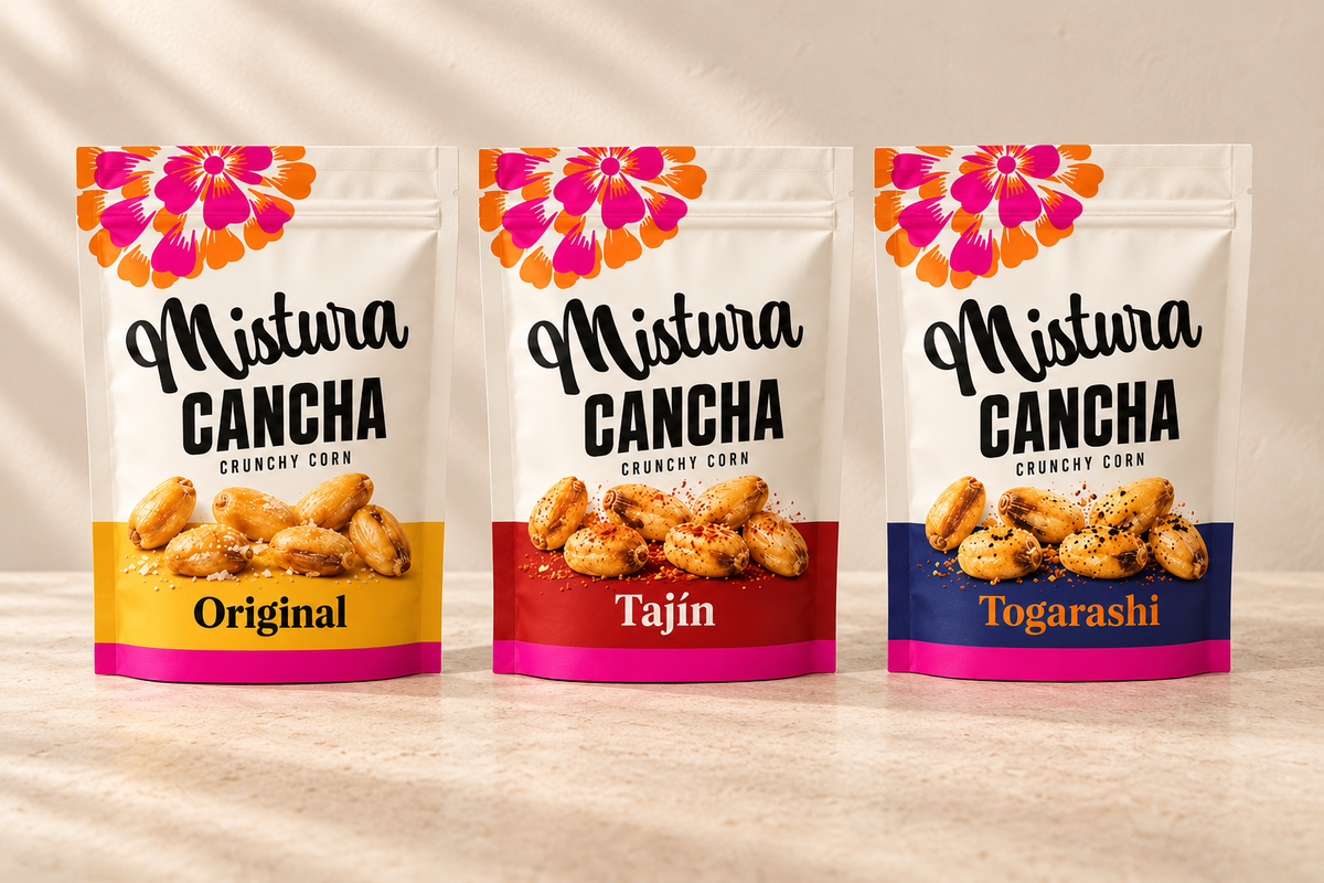 Mistura Cancha Original, Tajín, and Togarashi pouches staged together on a warm cream stone table