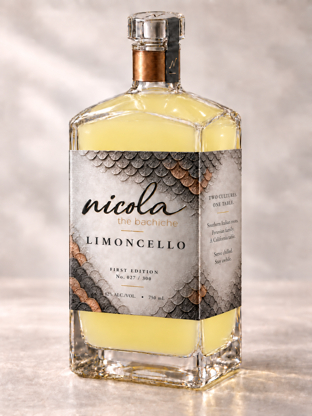 Nicola Limoncello bottle with softly cloudy yellow liqueur and textured wrap label